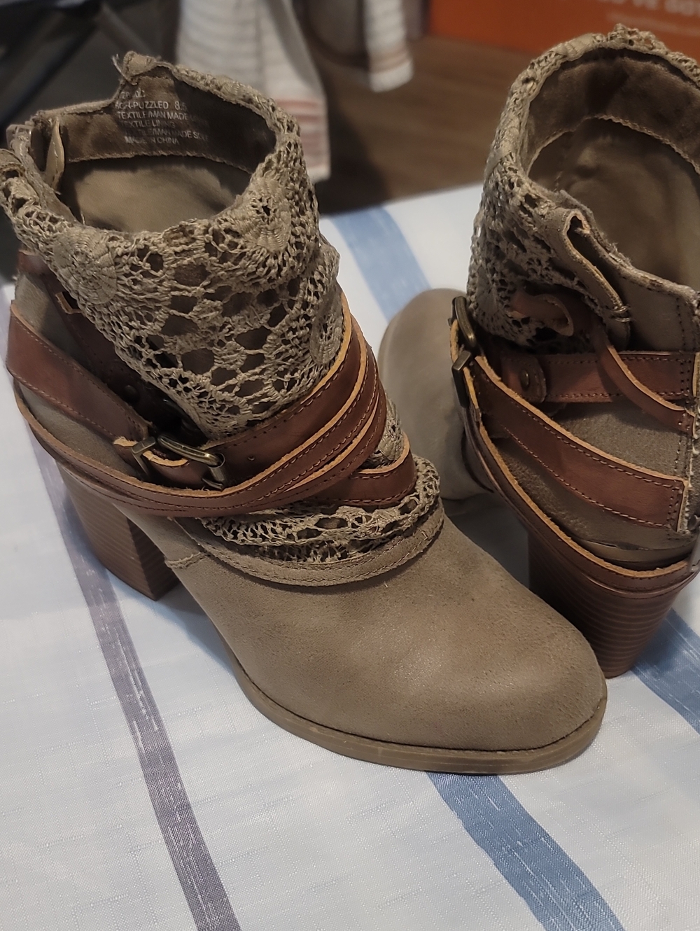 Sugar Taupe Crochet Ankle Boots with Brown Strap Accents